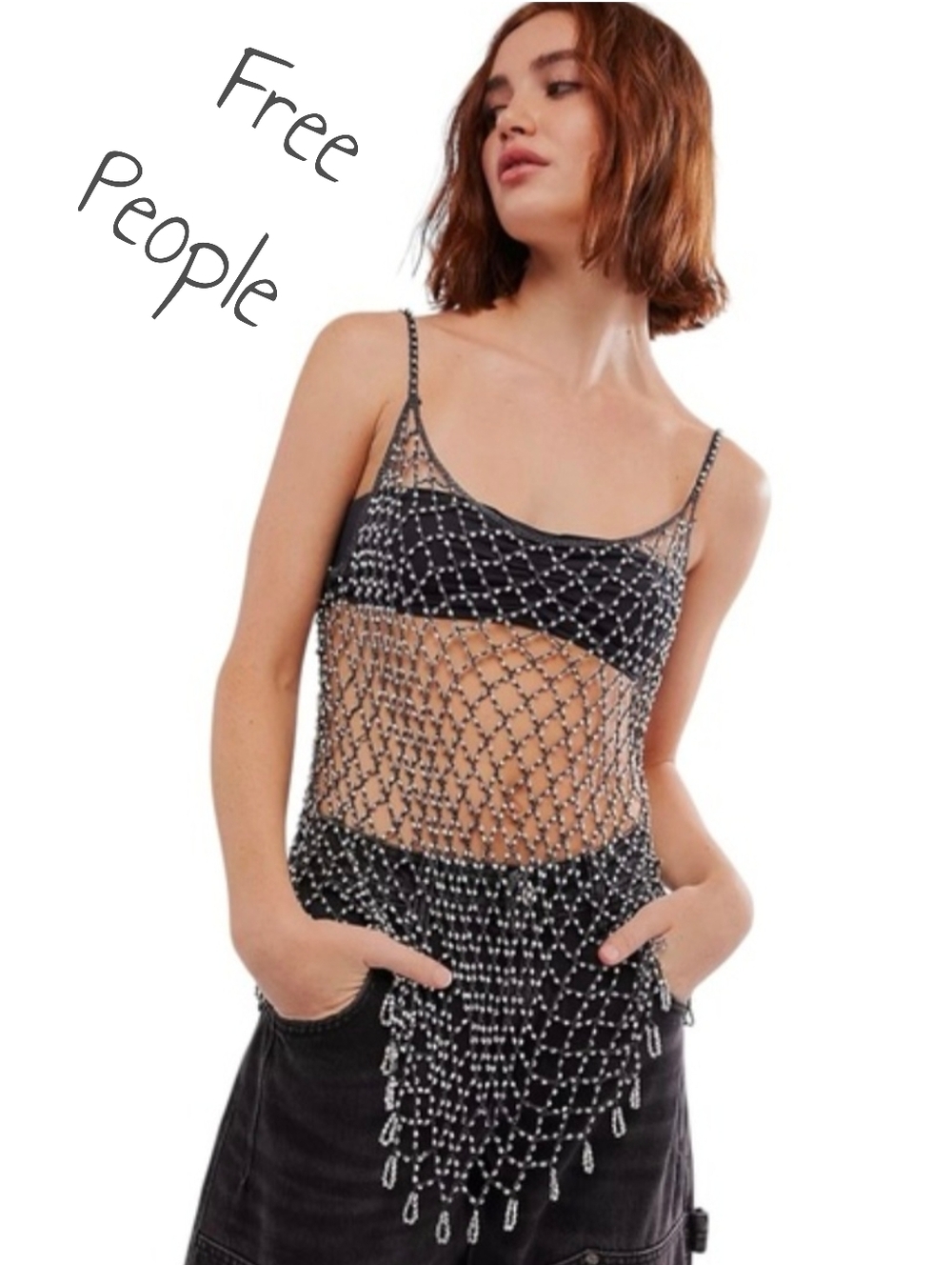 Free People Tunique Top It Off Chainmail Silver Beaded Crochet Size M/L NWT